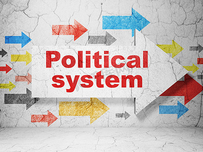 政治概念： 箭头与垃圾墙背景上的政治制度