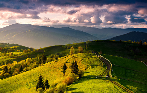 日落时穿过绿色连绵起伏的丘陵的乡间小路