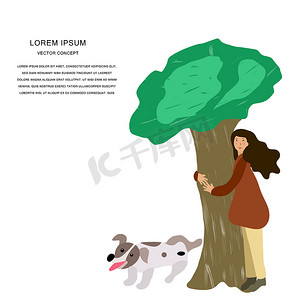 女孩抱着可爱的狗抱着一棵树。