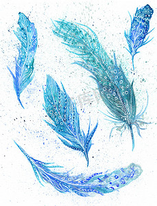 波西米亚垫子摄影照片_波西米亚风插图与蓝色羽毛