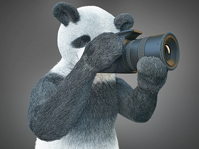 cg摄影照片_熊猫 animail 角色摄影师相机拍照隔离背景 3d cg 渲染数字插图