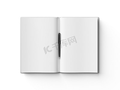 列表摄影照片_在白色打开的书的黑笔，在白色背景。