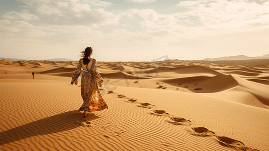 沙漠中行走的美女