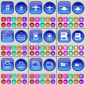 标签、飞机、下载、关闭、手机、SIM 卡、打印机、窗口、磁带。