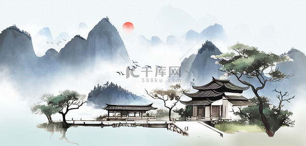 中国风山水庭院水墨古风背景