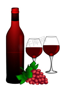 红酒瓶和两杯葡萄和一串葡萄