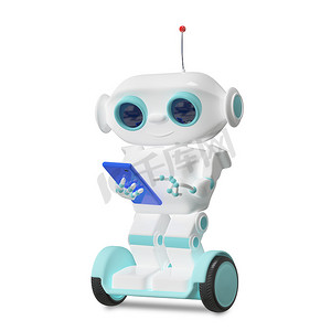 带智能手机的滑板车上的 3D 插图机器人