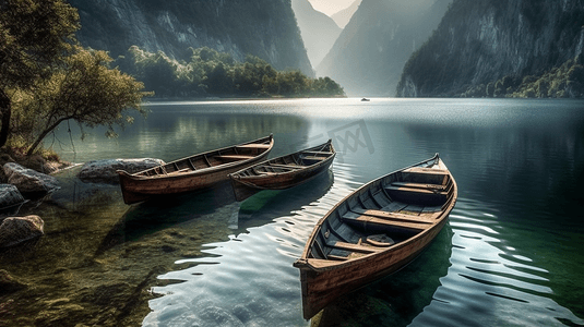 漂浮在群山环绕的湖面上的一群船