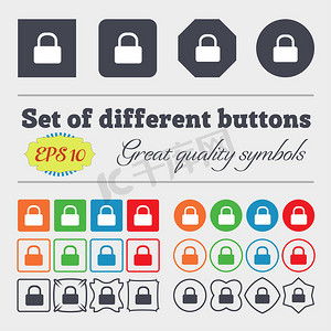 Pad Lock icon sign 大套五颜六色、多样、高质量的按钮。