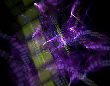发光的绿色紫色弯曲方形线条在黑暗的抽象背景。