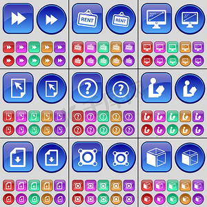倒带、出租、监视器、文件、问号、阅读、文件、扬声器、立方体。