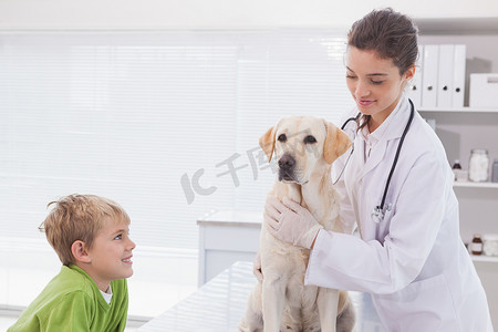 狗兽医摄影照片_微笑的兽医和主人一起检查狗