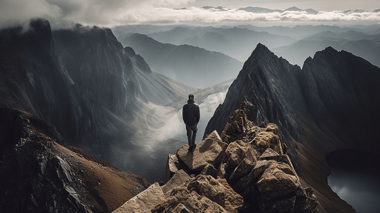 的登山者女孩的背影看山男人下午男人旅游背影摄影图配图文艺冬天人