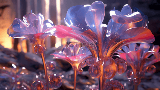 植物发光背景图片_未来感玻璃质感花朵植物