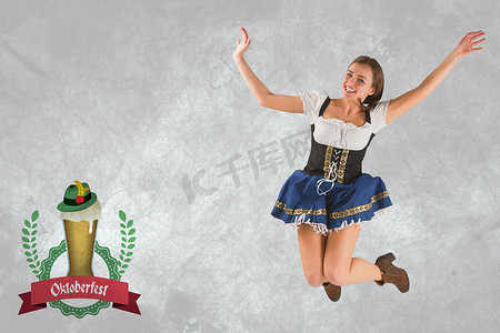 动画跳跃摄影照片_漂亮的慕尼黑啤酒节女孩微笑和跳跃的合成图像