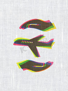 保险概念： 飞机和棕榈在织物纹理背景