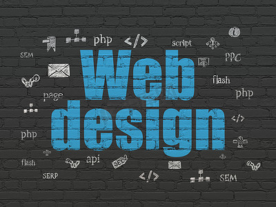 蓝色网页设计模板摄影照片_Web 开发概念： 网页设计在背景墙上
