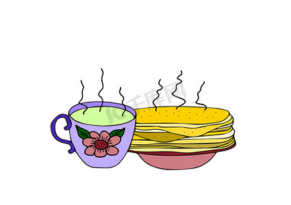 一杯茶和煎饼的插图