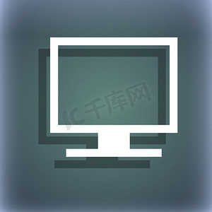 蓝绿色抽象背景上的计算机宽屏监视器图标符号，带有文本的阴影和空间。
