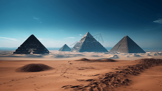 沙漠蓝天摄影照片_沙漠中的三座金字塔，背景是蓝天