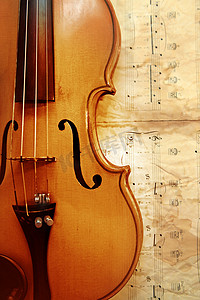 交响乐团背景摄影照片_在笔记背景的老小提琴