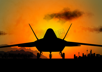 f-117 隐形军用飞机在日落插图中