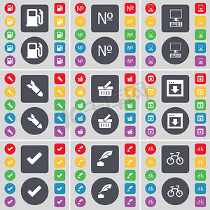 加油站、数字、监视器、火箭、篮子、窗口、滴答声、墨水罐、自行车图标符号。