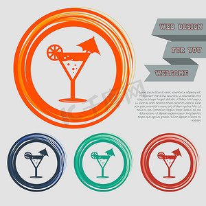 鸡尾酒会，红色、蓝色、绿色、橙色按钮上的马提尼图标为您的网站和带有空格文本的设计。