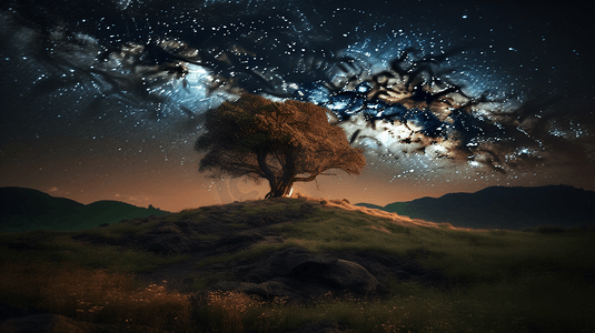 一棵孤零零的树在布满星星的夜空下的小山上