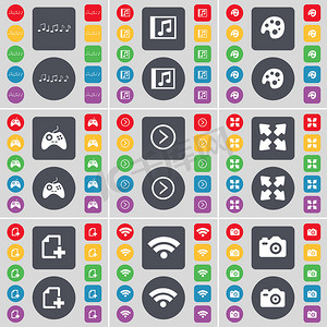 游戏音乐图标摄影照片_笔记、音乐窗口、调色板、游戏手柄、向右箭头、全屏、文件、Wi-Fi、相机图标符号。