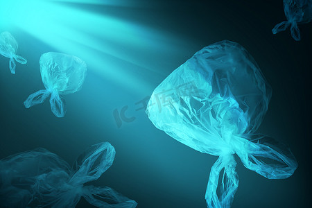 漂浮创意摄影照片_漂浮在大海或海洋中的水母形式的一次性透明塑料袋创意背景