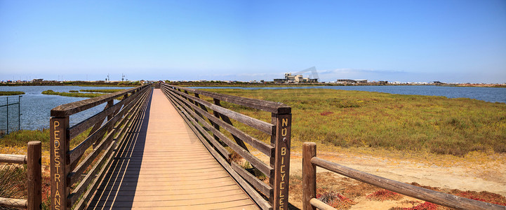 祥和摄影照片_沿着 Bolsa Chica wetl 宁静祥和的沼泽建造桥梁