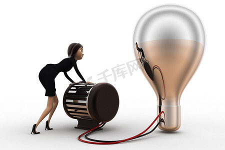3d 女人用发电机概念点亮灯泡