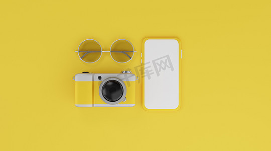 黄色 ba 上的白色屏幕移动模型、相机和太阳镜