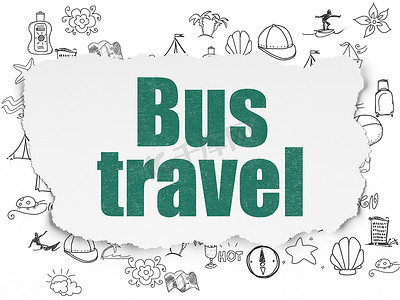 旅游概念： 撕纸背景上的巴士旅行