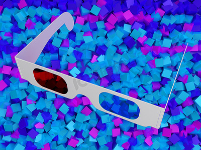 彩色立方体上的现代电影 3D 眼镜