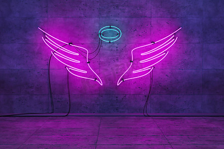霓虹霓虹灯摄影照片_空荡荡的房间里有天使翅膀的霓虹粉色灯