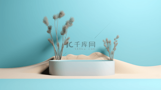 沙子背景图片_产品展示台在沙子上浅蓝色背景极简主义
