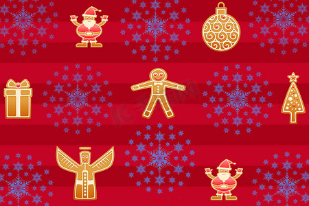 红色条纹背景上的圣诞姜饼设计图案，雪花星作为背景或圣诞老人包装礼品纸