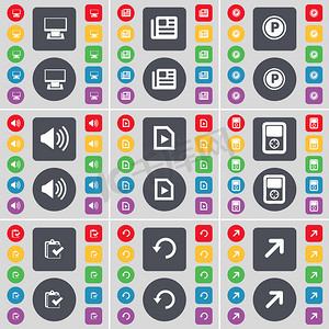 监视器、报纸、停车场、声音、媒体文件、播放器、调查、重新加载、全屏图标符号。