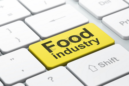 行业概念： 计算机键盘背景上的食品工业
