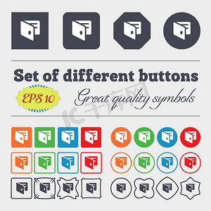 电子钱包、电子钱包、名片夹图标标志 大套彩色、多样化、高质量的按钮。