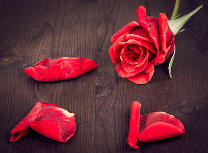 旧木头上有花瓣的红玫瑰、旧式、背景、情人节和爱情概念