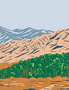 雪扇摄影照片_圣贝纳迪诺山脉莫哈韦沙漠和科罗拉多西北部沙漠内沙地雪国家纪念碑加利福尼亚美国 WPA 海报艺术