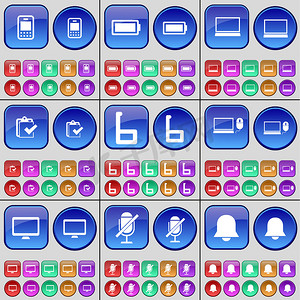 手机app按钮摄影照片_手机、电池、笔记本电脑、调查、六、显示器、麦克风、通知。