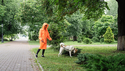 穿着橙色雨衣的年轻女子和她的狗在公园里散步