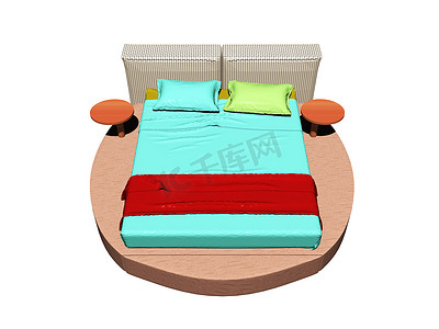 卧室里有五颜六色的床单的现代双人床