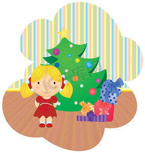 冬天卡通下雪摄影照片_矢量卡通女孩和带礼物的圣诞树