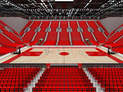 带红色座椅和 VIP 包厢的漂亮现代篮球场