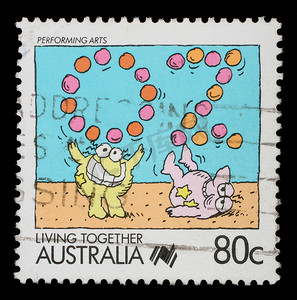 在澳大利亚打印的邮票显示表演艺术变戏法者